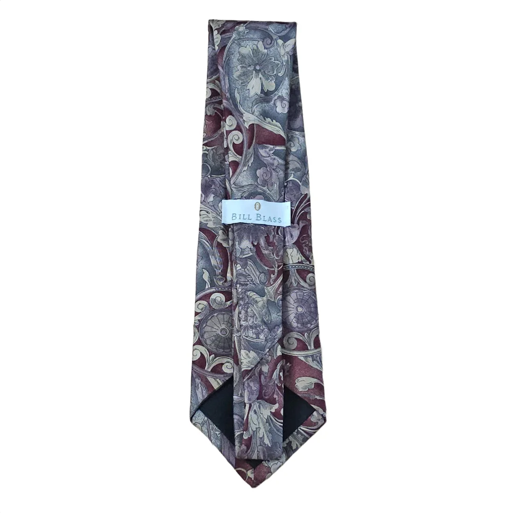 Bill Blass Silk Tie Floral Baroque Paisley Burgundy Blue Gray Classic Vintage